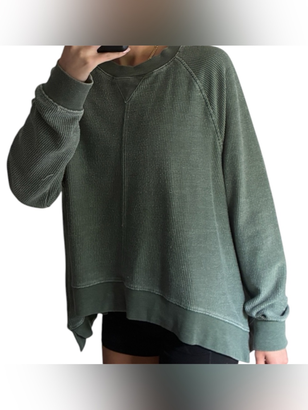 Green Ribbed Crewneck Sweatshirt Washed Look | Relaxed Fit | Size Medium